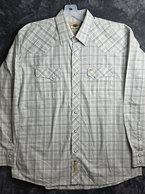 Larry Mahan White and Light Gray Plaid Western Pearl Snap Shirt Mens XL